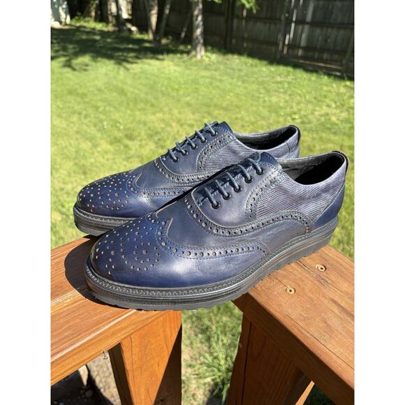 Miguel Miratez Blue Leather Brogue Oxford Platform Shoes Handmade Size 43 US 10 main image 4